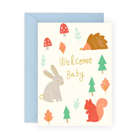 Welcome Baby Card – Woodland Animal Theme – Cute Newborn Boy Greeting – Baby Shower, Congratulations Gift for New Parents, Little One, Family, Aunt, Uncle, Relatives, Cousins -Comes with Stickers
