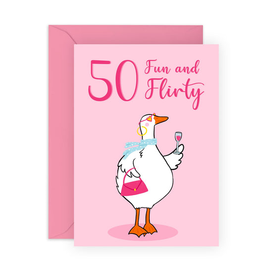 50th Birthday Card For Women - 50 Fun And Flirty Goose - Animal Birthday Card - Wife Mum - Sister - Happy Fiftieth Birthday Greeting Card Female Friends - Comes With Fun Stickers - By Central 23