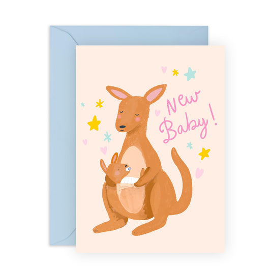 New Baby Card Boy Girl - Kangeroo New Baby - Pregnancy Baby Cards Congratulations - Congrats Gifts Newborn - Comes With Stickers By Central 23