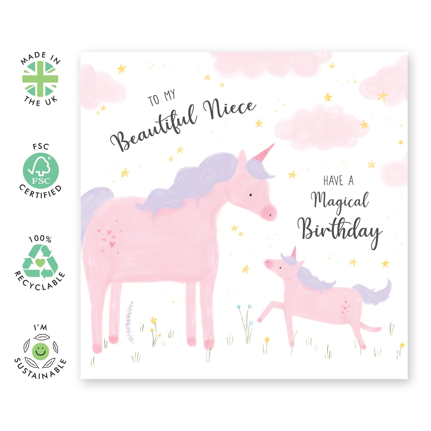 Magical Birthday Greeting Card - 'Unicorn Beautiful Niece' - Gift for Girls, Nieces, Kids, Children, Baby From Auntie, Aunt - Cuteness - Comes with Fun Stickers