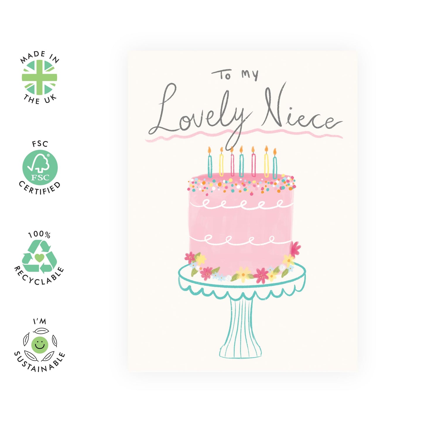 Thoughtful Birthday Card - 'To My Lovely Niece' - Gifts for Nieces, Family, Child, Girls, Teenagers, Lady, Kids, Relatives - Cake & Candles - Comes with Fun Stickers