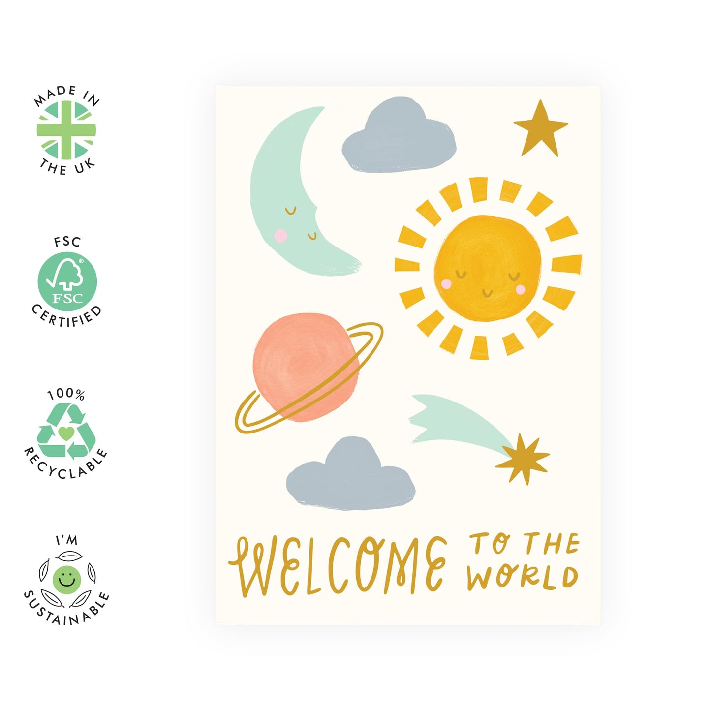 Welcome to the World Baby Card – Space and Planets – Newborn Boy Girl Greeting – Baby Shower, Congratulations – Gift for New Parents, Family, Auntie, Uncle, Relatives, Cousins -Comes with Stickers