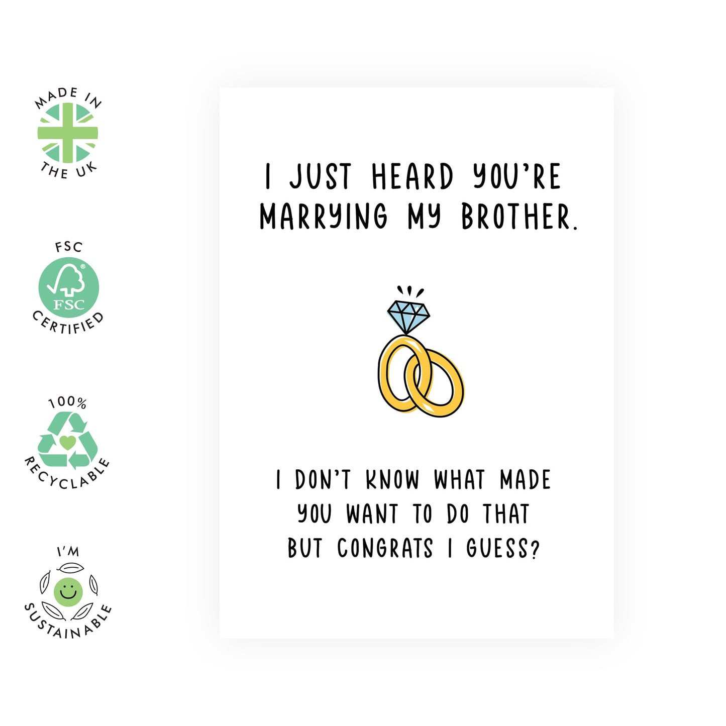 Funny Wedding Card for Sister-in-Law, Her, Lady, Woman – "Marrying My Brother...Congrats I Guess" Greeting – Humorous Engagement or Wedding Card - Comes with Fun Stickers