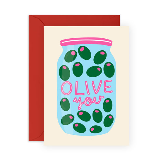 Cute Olive Jar Love Card - Olive You - Punny Valentine’s Day, Anniversary Greeting Ideas for Him, Her, Girlfriend, Boyfriend, Babe, Hun, Sweetheart, Husband, Wife, Partner - Comes with Stickers