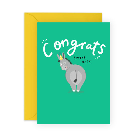 Congratulations Card Hilarious Donkey - 'Congrats Smart Ar*e' - Gifts for Brother, Sister, Co-worker, Colleague, Bro, Bruv, Him, Her, Students, Graduates - Achievements - Comes with Fun Stickers