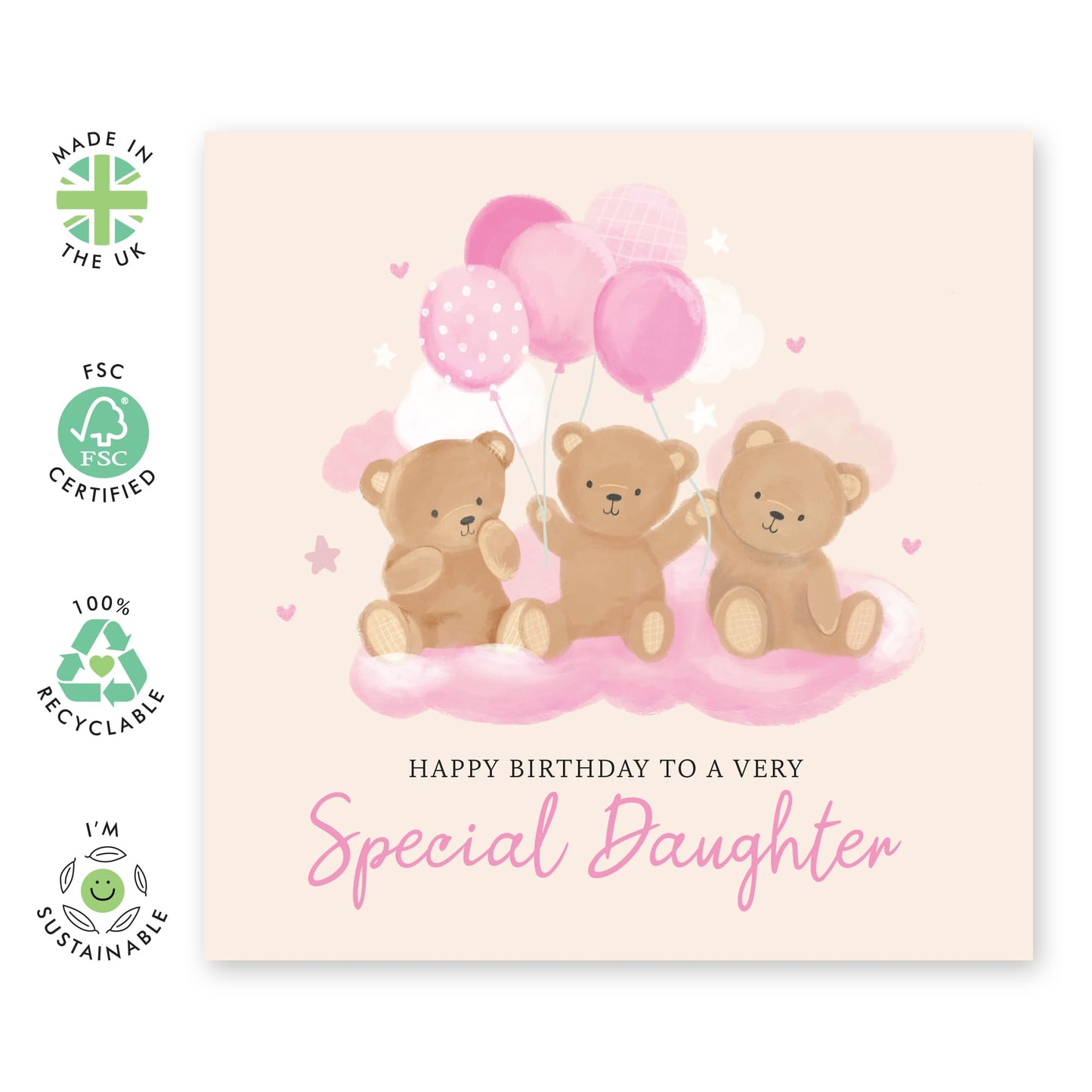 Birthday Card for Girls - 'Teddy Daughter Birthday' - Presents for Girls, Kids, Children, Toddler From Mum & Dad- Bears and Balloons - Comes with Fun Stickers