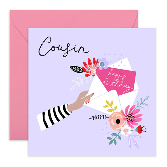 Purple Birthday Card For Cousins - Pretty Floral Cards And Envelope - Happy Birthday Card For Her Women Female Ladies - Gift For Women - Comes With Stickers - By Central 23