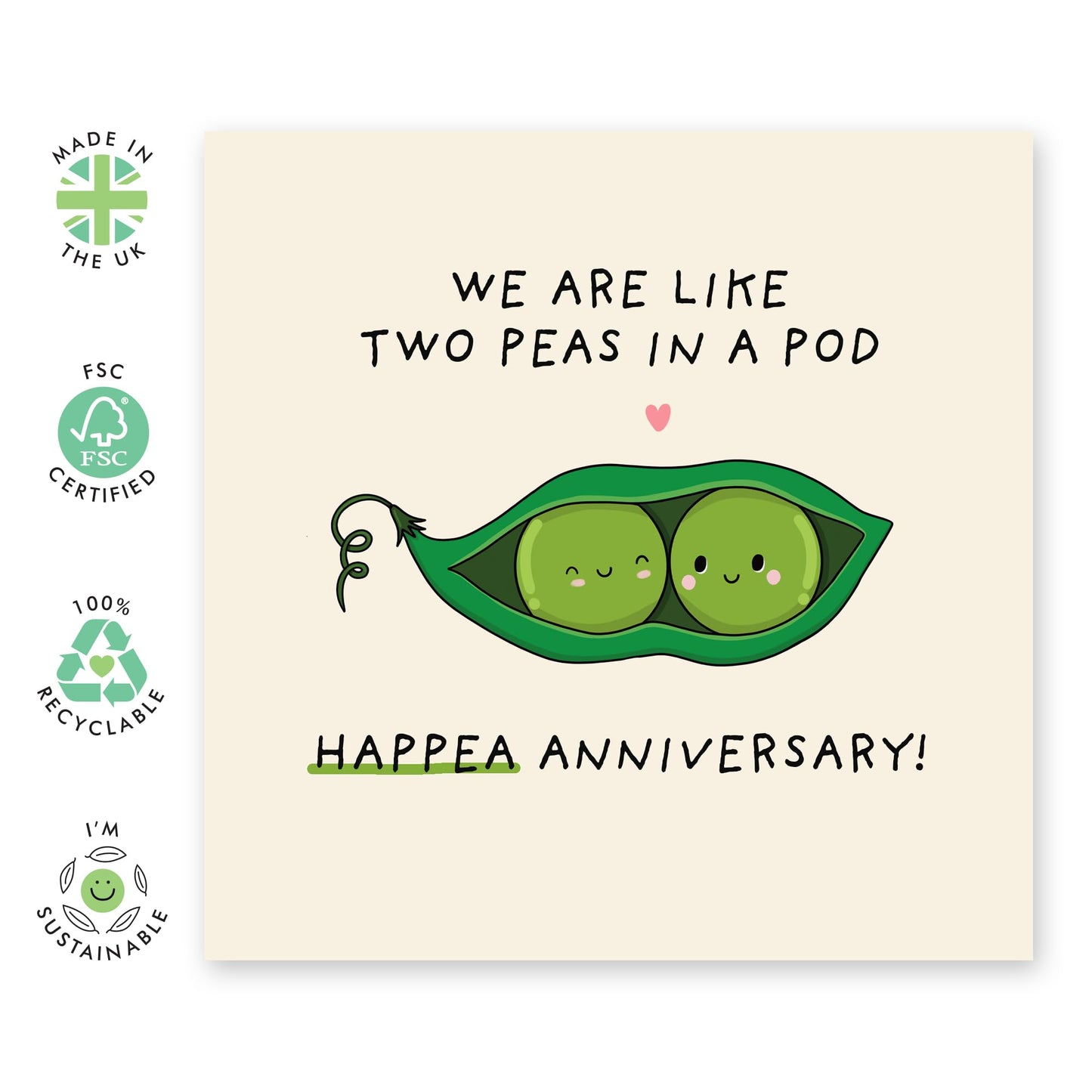 Cute HapPEA Anniversary Card - ‘Two Peas In A Pod’ - Gifts for Husband, Wife, Boyfriend, Girlfriend, Partner, Spouse, Other Half, Babe, Him, Her - Warm Message - Comes with Stickers