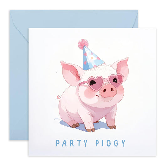 Cute Pig Greeting Card for Women – Party Piggy – Thinking of You Card for Her, Girls, Colleagues, Coworkers, Wife, Girlfriend, Daughter, Niece – Lovely Gifts - Comes with Stickers