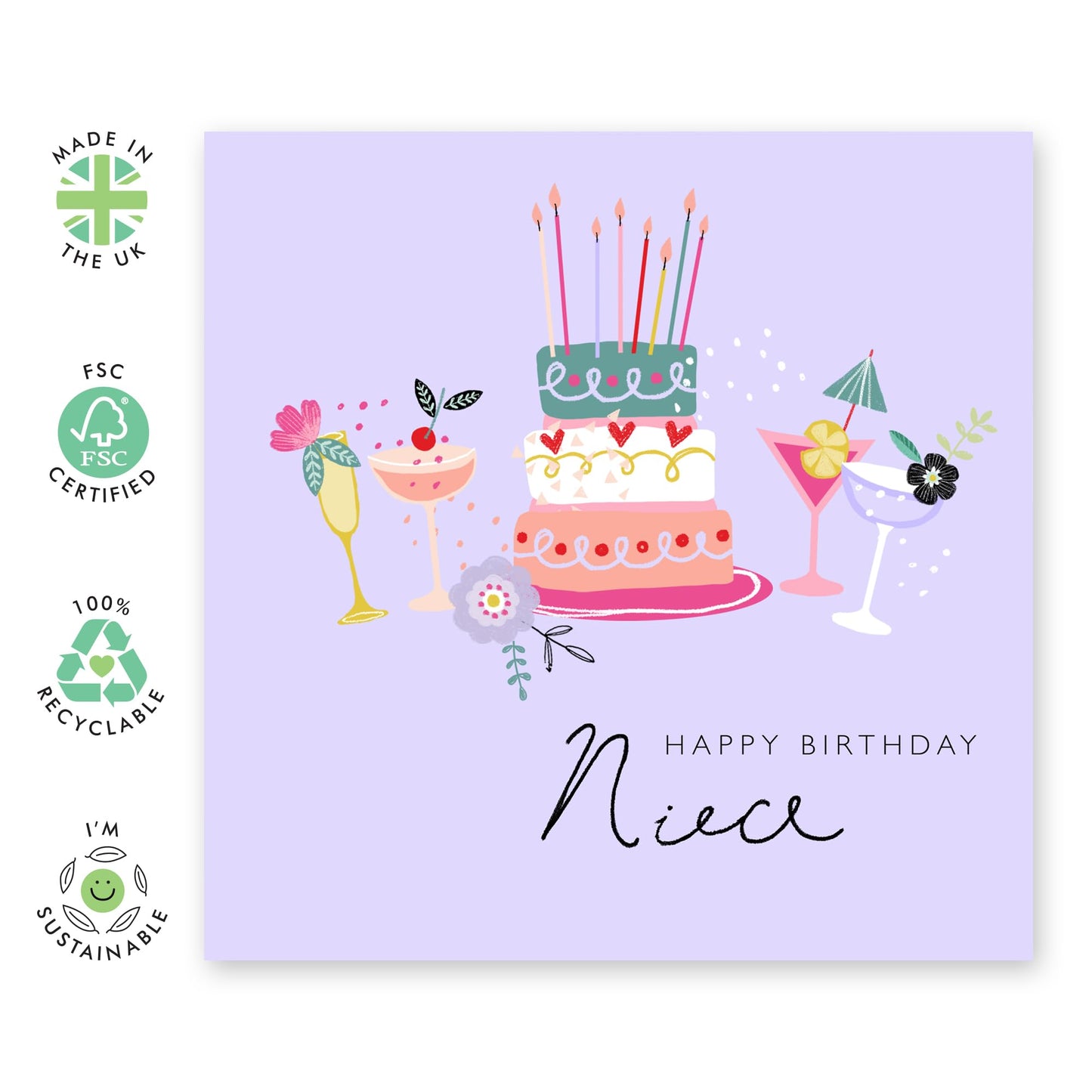 Happy Birthday Niece Greeting Card - Purple Cakes And Cocktails - Niece Birthday Cards For Girls Teens - Trendy Happy Bday Cards For Women Female - Gifts For Her - Comes With Stickers By Central 23