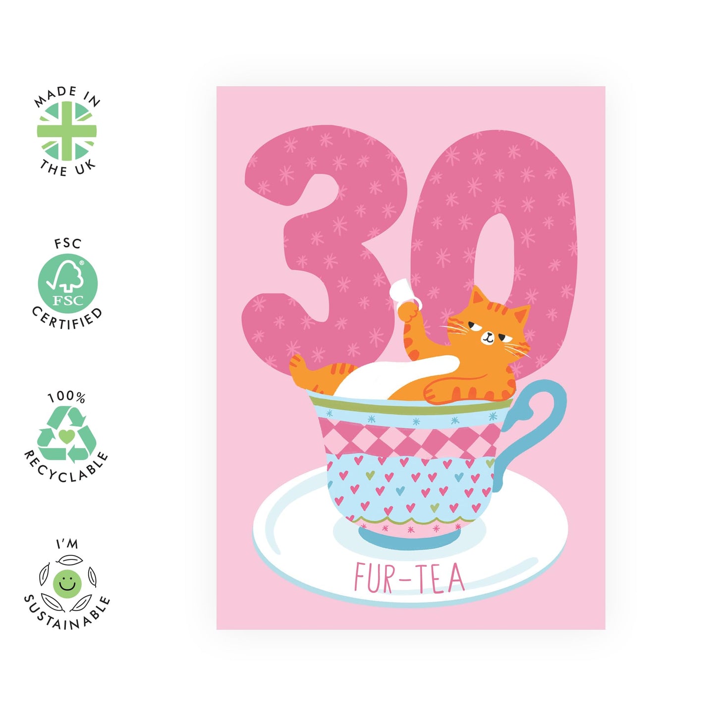 30th Birthday Card For Women - Fur Tea Thirty Birthday Cat - Wife Birthday Greeting Card - Happy Thirtieth Birthday Cards For Female Friends - Comes With Fun Stickers By Central 23