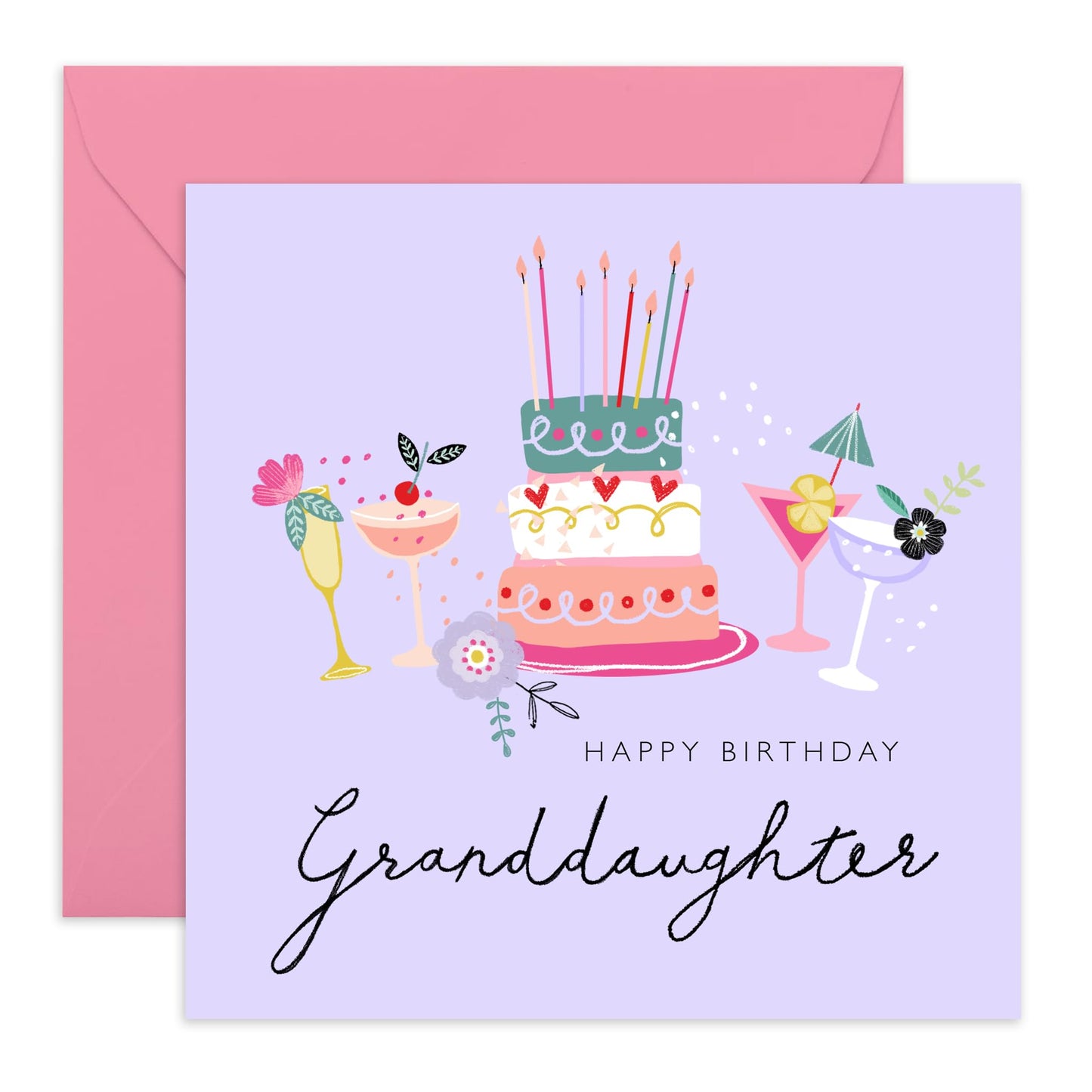 Purple Birthday Cards For Granddaughter - Birthday Cake And Cocktails - Granddaughter Birthday Cards For Her Women Teens - Granddaughter Gifts - Comes With Fun Stickers By Central 23