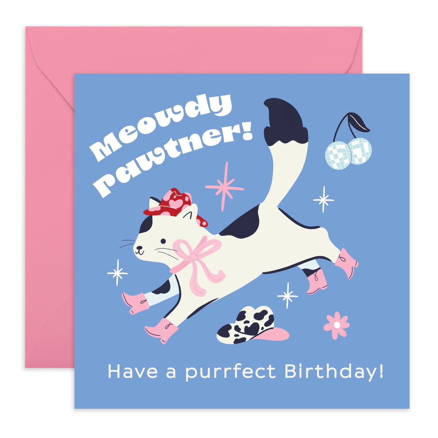 Purrfect Birthday Card - 'Meowdy Partner' - Presents for Fur Mum & Dad, Partners, Cowgirls, Cowboys, Colleagues, Co-worker, Pet Lovers - Cat Meows - Comes with Fun Stickers