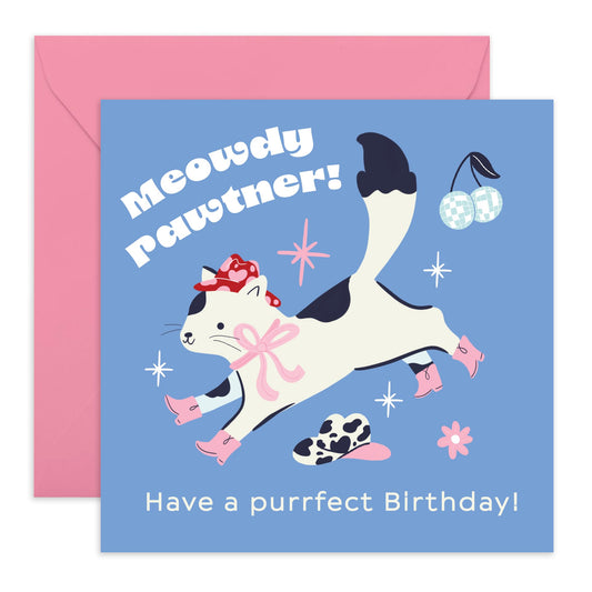 Purrfect Birthday Card - 'Meowdy Partner' - Presents for Fur Mum & Dad, Partners, Cowgirls, Cowboys, Colleagues, Co-worker, Pet Lovers - Cat Meows - Comes with Fun Stickers