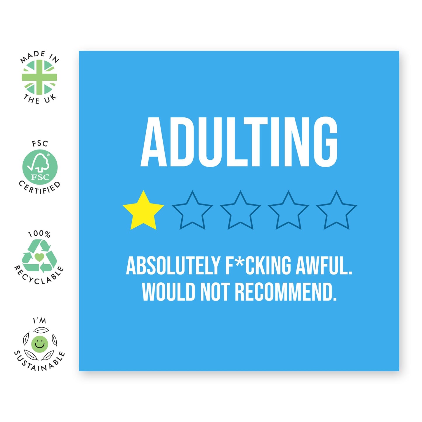 Hilarious Birthday Card on being an Adult - 'Adulting 1 Star' - Gifts for Gifts for Nephew, Niece, Students, Cousin, Cuz, Godson, Goddaughter, Classmates - Ratings - Comes with Fun Stickers