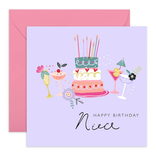 Happy Birthday Niece Greeting Card - Purple Cakes And Cocktails - Niece Birthday Cards For Girls Teens - Trendy Happy Bday Cards For Women Female - Gifts For Her - Comes With Stickers By Central 23