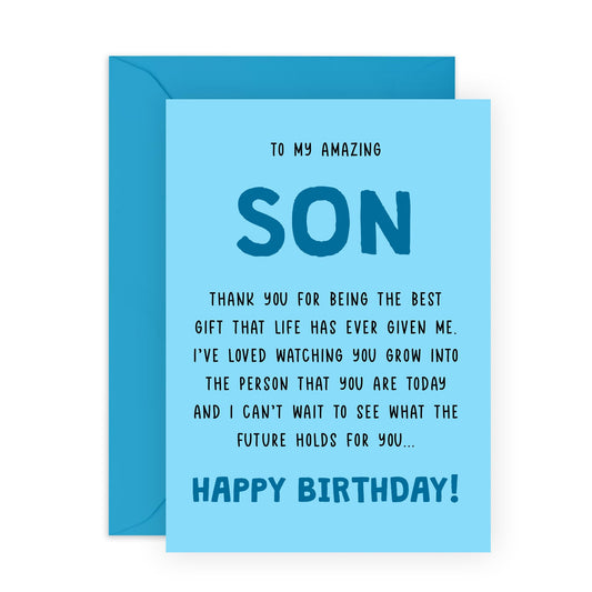 Heartfelt Birthday Card for Son - Loving Greeting Card for Him, Boys, Teens, Adult, - "To My Amazing Son - Gift"- Comes with Fun Stickers
