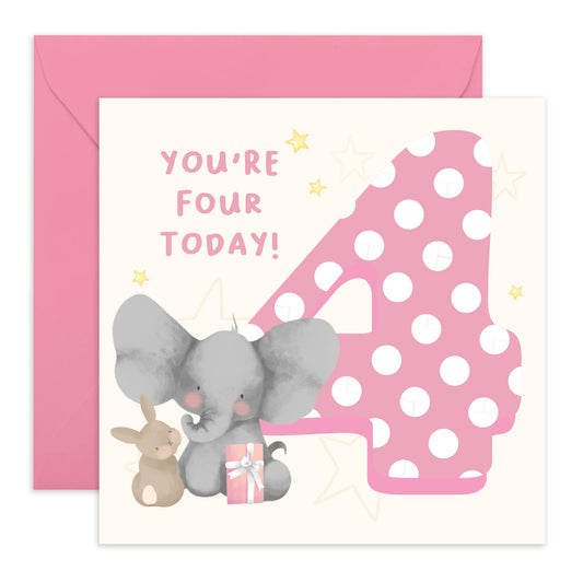 4th Birthday Card For Boys Girls - Elephant Bunny Age 4 - Baby Milestone Cards Age Four - Forth Birthday Cards Niece Nephew - Animal - Gifts Daughter Son Toddlers - Comes With Sticker By Central 23