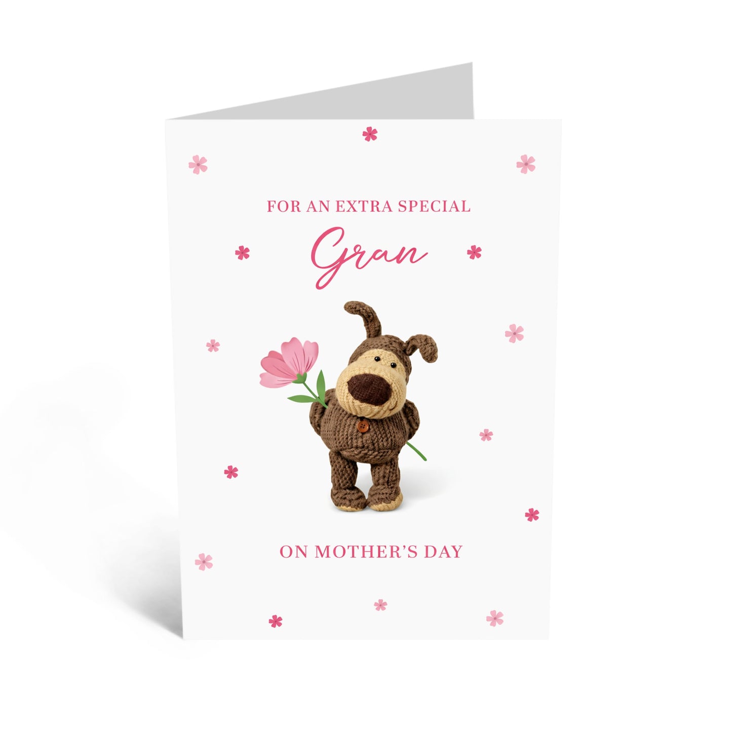 Mother’s Day Card for Gran - Pink Floral Puppy Greeting Card for Grandma - Cute Dog Illustration for Gran - Mothering Sunday Keepsake - Made in UK - Includes White Envelope