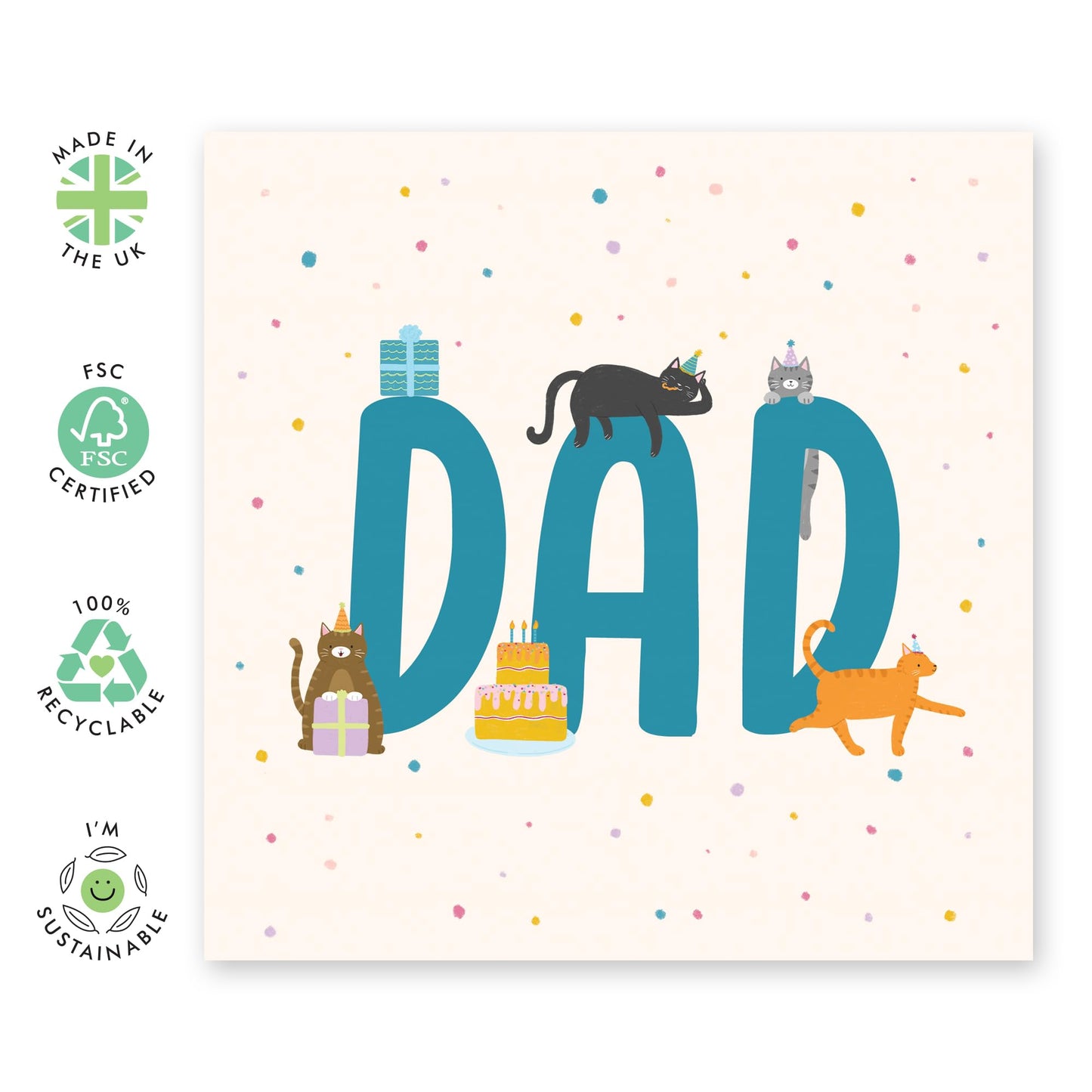 Dad's Birthday Greeting Card - 'Birthday Cats Dad' - Gift for Father, Daddy, Stepdad, Him, Head of Family from Kids, Children, Family - Cat In Hats - Comes with Fun Stickers