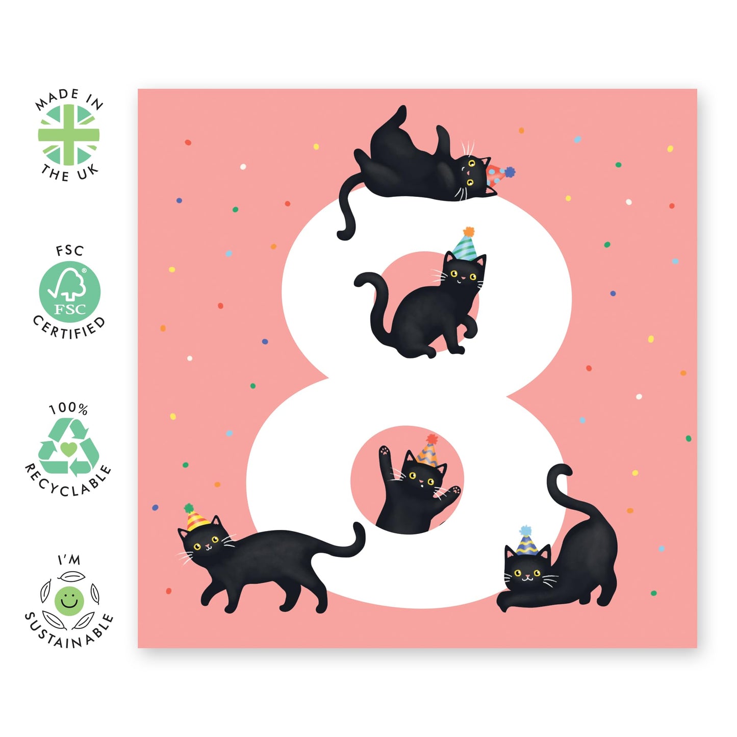 Central 23 Eighth Birthday Card For Girls - Black Birthday Cats Age 8 - Happy 8th Birthday Greeting Card For Kids - Eight Years Old - Gifts For Daughters Granddaughter Niece - Comes With Sticker