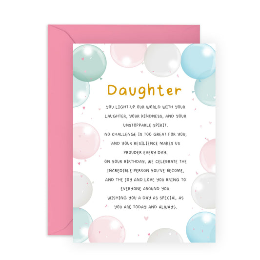 Cute Pink Birthday Card - 'Daughter Balloons Poem' - Step Daughter, In-Laws from Mum, Dad, Parents, Family, Her, Girls - Long Message - Comes with Fun Stickers