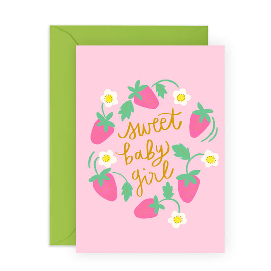Greeting Card - 'SWEET BABY GIRL STRAWB - Perfect for Celebrating the Arrival of a New Baby Girl with a Touch of Sweetness - Ideal for Announcements or Baby Showers - Comes with Stickers by Central 23