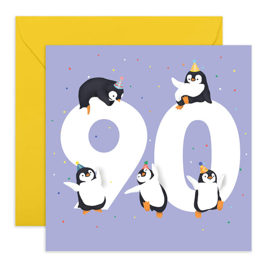 90th Birthday Cards Men Women - Penguin Age 90 - Wife Husband Birthday Greeting Card - Animal Birthday Card - Ninetieth Birthday Cards For Grandparents - Comes With Fun Stickers - By Central 23
