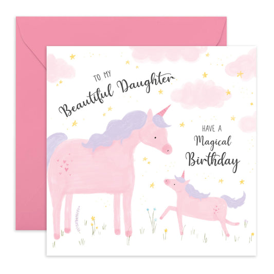 Magical Birthday Greeting Card - 'Unicorn Beautiful Daughter' - Gift for Girls, Daughter, Kids, Children, Baby From Mum, Mother - Mums Love - Comes with Fun Stickers