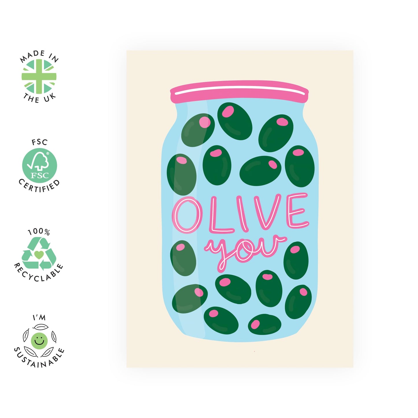 Cute Olive Jar Love Card - Olive You - Punny Valentine’s Day, Anniversary Greeting Ideas for Him, Her, Girlfriend, Boyfriend, Babe, Hun, Sweetheart, Husband, Wife, Partner - Comes with Stickers