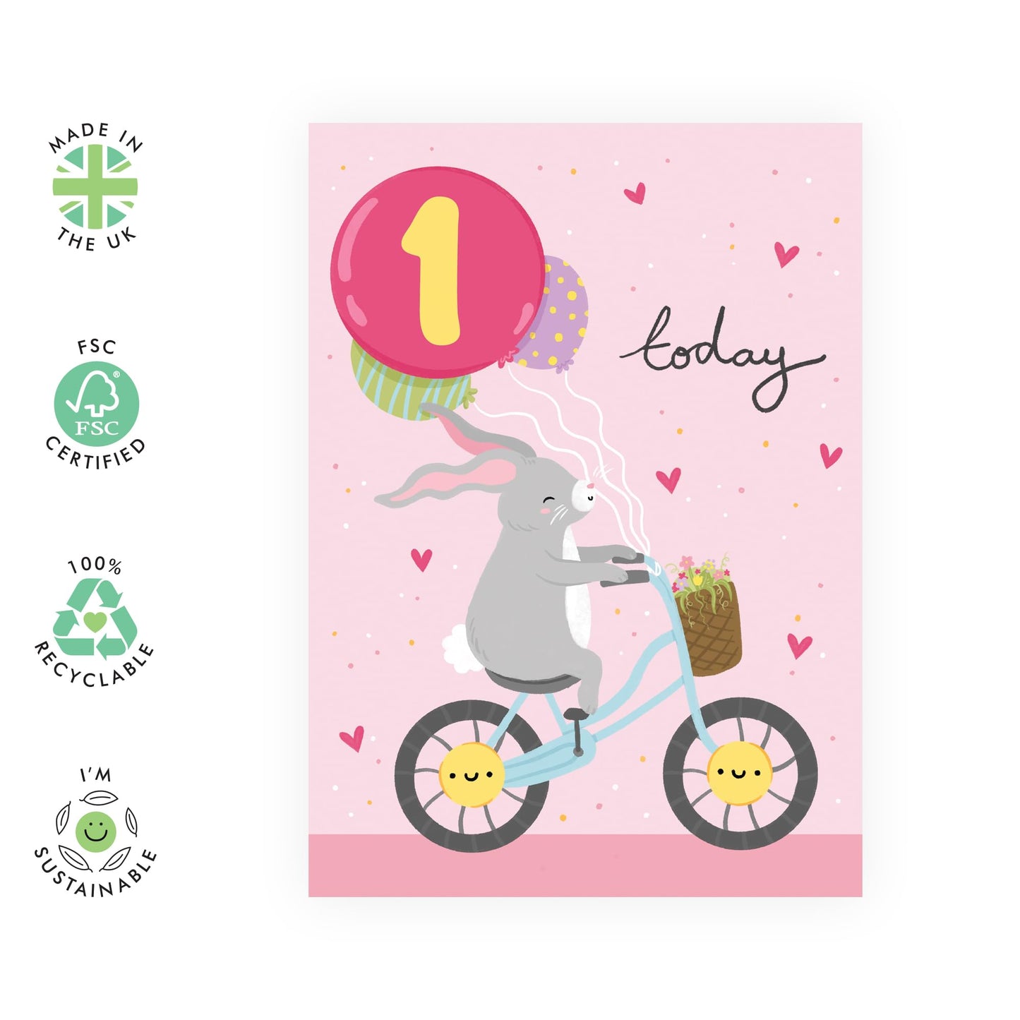 First Birthday Card Girl - Bunny On Bike Age 1 Birthday - 1st Birthday Card Girl Boy Toddler Baby - Bunny Hearts Pink - Gifts For Son Granddaughter - Gift from Mum Dad - Comes With Cute Stickers