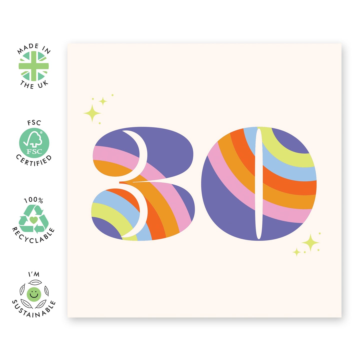 30th Birthday Card For Women - Rainbow Font 30 - Wife - Mum - Sister - Rainbow Birthday Card - Happy Thirtieth Birthday Greeting Card Female Friends - Comes With Fun Stickers - By Central 23