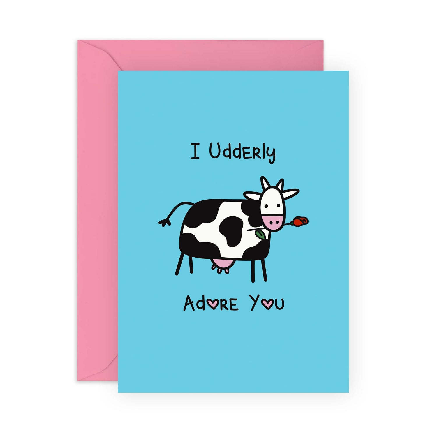 Sweet & Humorous Cow Love Card – "I Udderly Adore You" – Valentine’s Day or Anniversary Ideas for Partner, Husband, Wife, Boyfriend, Girlfriend, Her, Him, Farmers - Comes with Stickers
