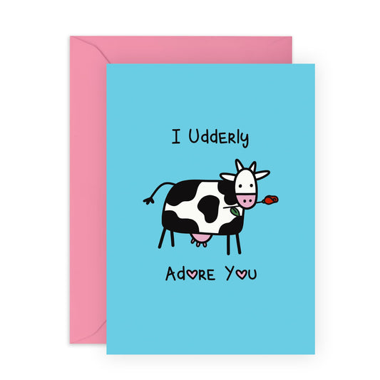 Sweet & Humorous Cow Love Card – "I Udderly Adore You" – Valentine’s Day or Anniversary Ideas for Partner, Husband, Wife, Boyfriend, Girlfriend, Her, Him, Farmers - Comes with Stickers