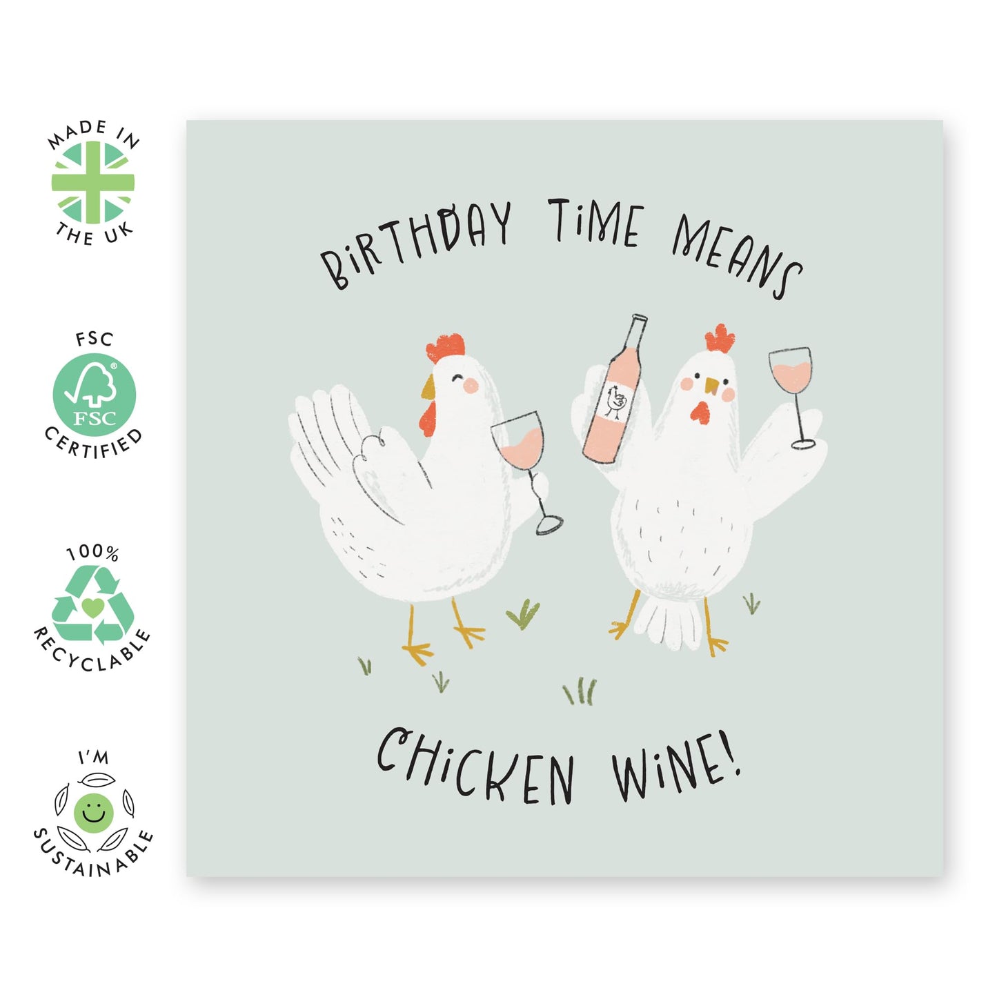 Funny Rhyme Birthday Card - 'Birthday Time Chicken Wine' - Gifts for Her, Friend, BFF, Bestie, Women - Wine Toast - Comes with Fun Stickers