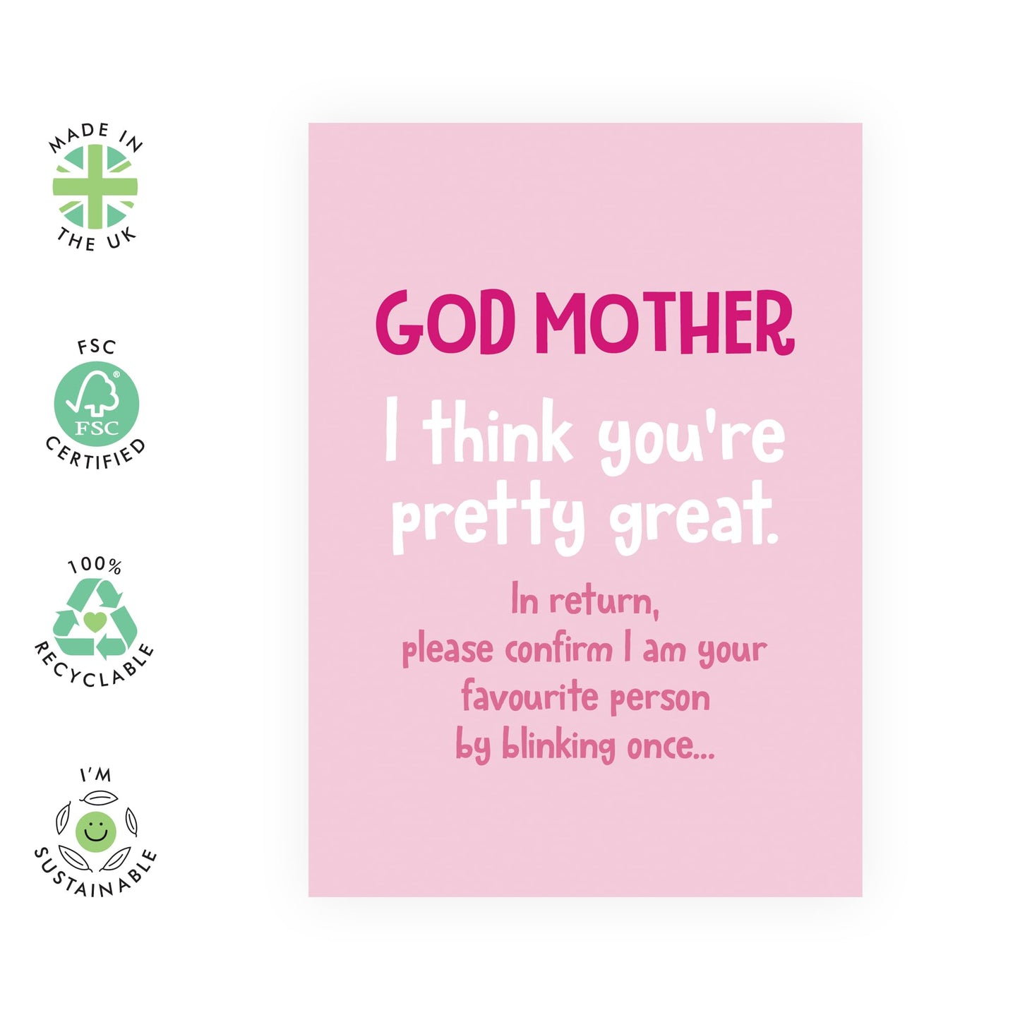 Pink Birthday Card for God Mothers - 'God Mother Blink To Confirm' - Gifts for Godparent, Her from Godchild - Favouritism - Comes with Fun Stickers