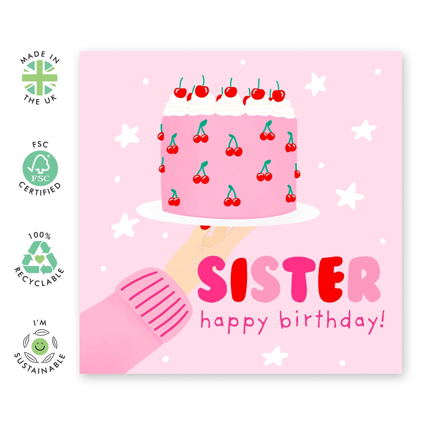 Pink Birthday Card - 'Sister Birthday Cake' - Gifts for Sibling, Ladies, Girls, Besties, Best & Close Friends, BFF, Her, Sis, Family - Make A Wish - Comes with Fun Stickers