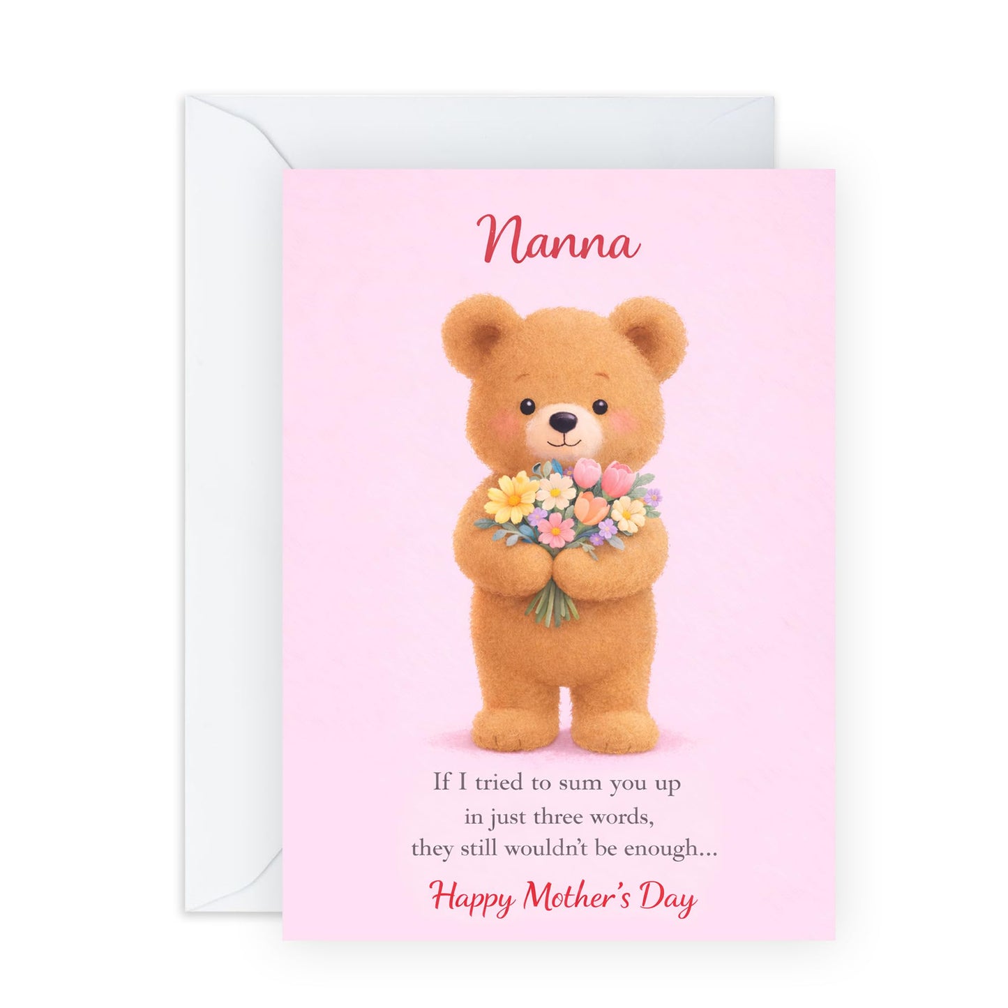 Nanna Mother’s Day Card – Teddy Bear with Flower Bouquet – Greetings for Grandma Grandmother Her Ladies Women from Grandson Boys Teens - Adorable and Thoughtful - Comes with Cute Stickers