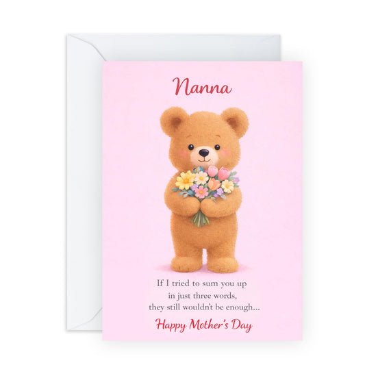 Nanna Mother’s Day Card – Teddy Bear with Flower Bouquet – Greetings for Grandma Grandmother Her Ladies Women from Grandson Boys Teens - Adorable and Thoughtful - Comes with Cute Stickers