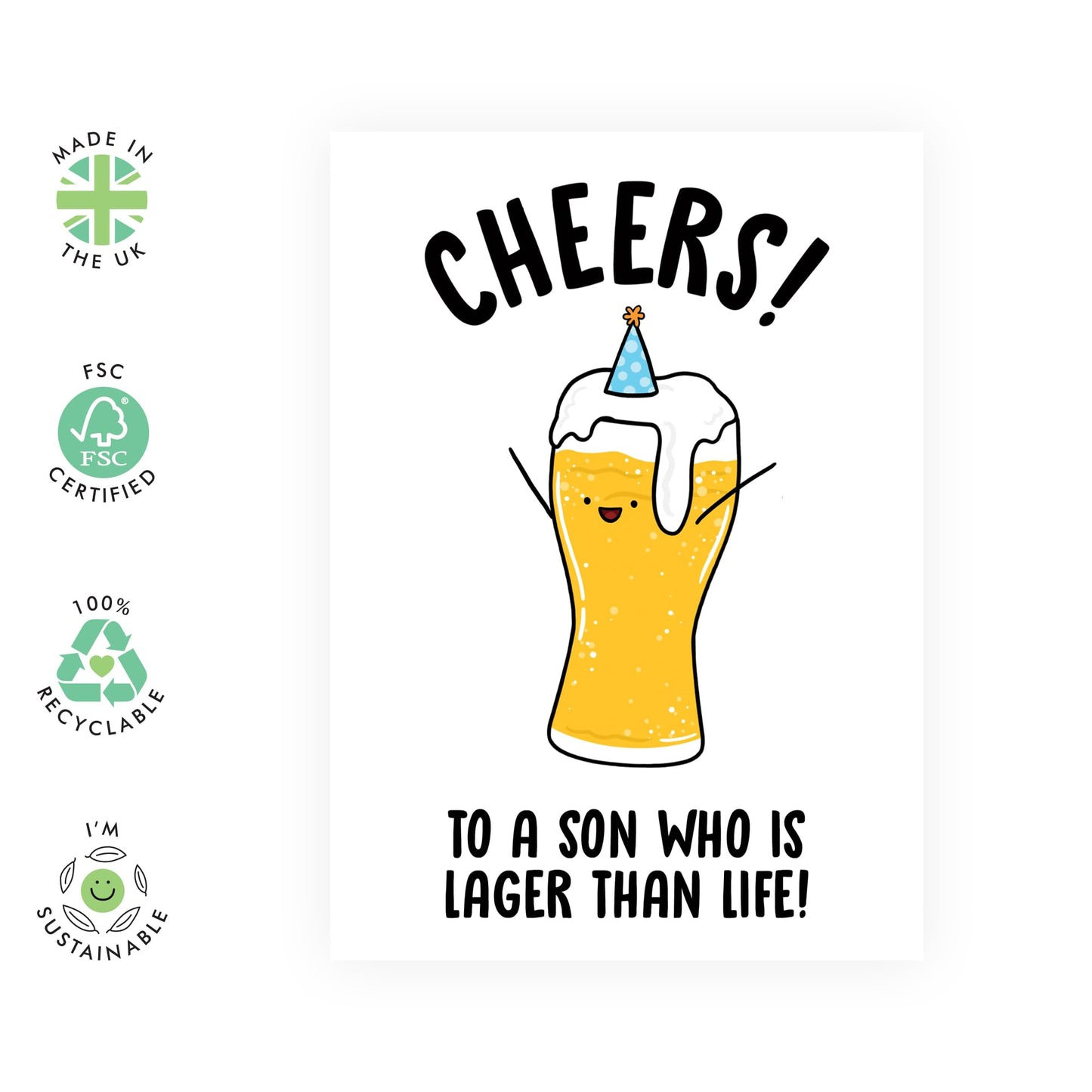 Happy Birthday Son Card - Cheers To A Uncle Who Is Lager Than Life - Funny Birthday Cards For Men - Beer Jokes Humor Banter - Greeting Card And Envelope - Comes With Cute Stickers By Central 23