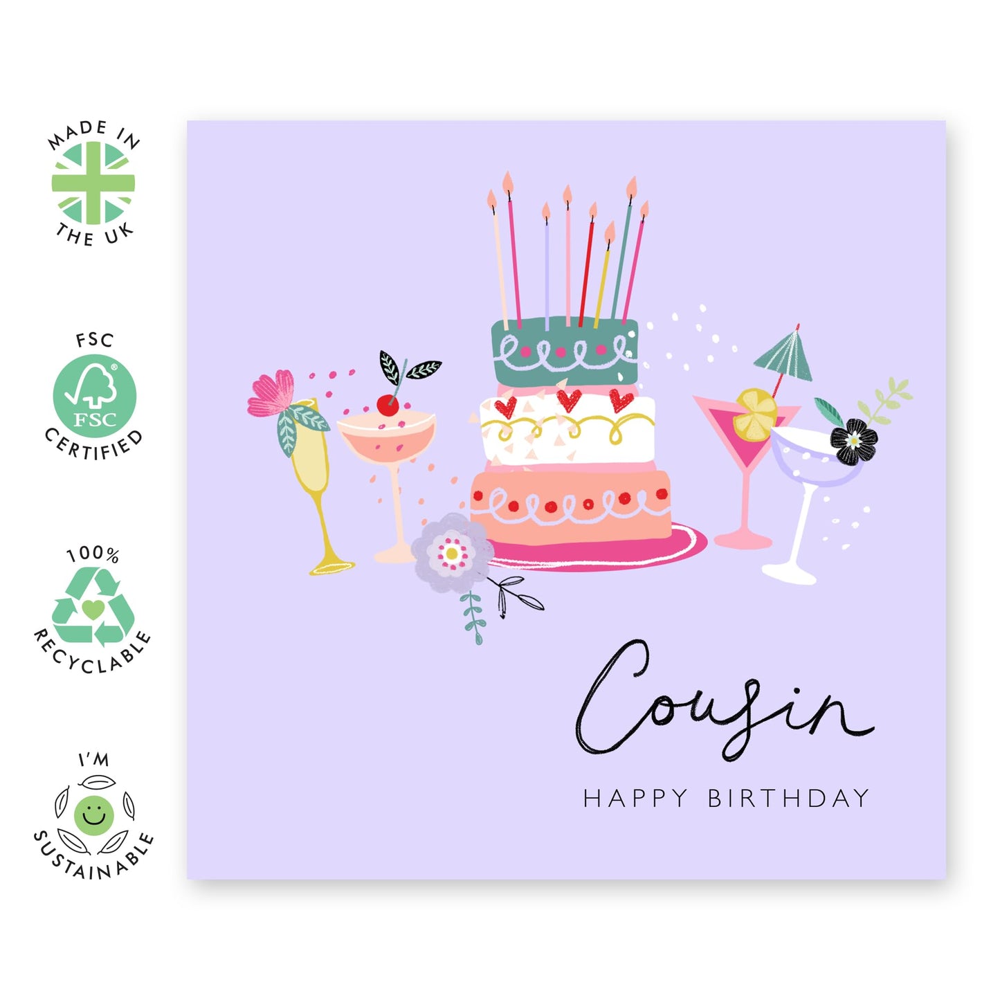 Purple Birthday Cards For Cousin - Bday Cake And Cocktails - Happy Birthday Greeting Cards And Envelopes For Her Ladies Female - Gifts For Women - Comes With Fun Stickers - By Central 23