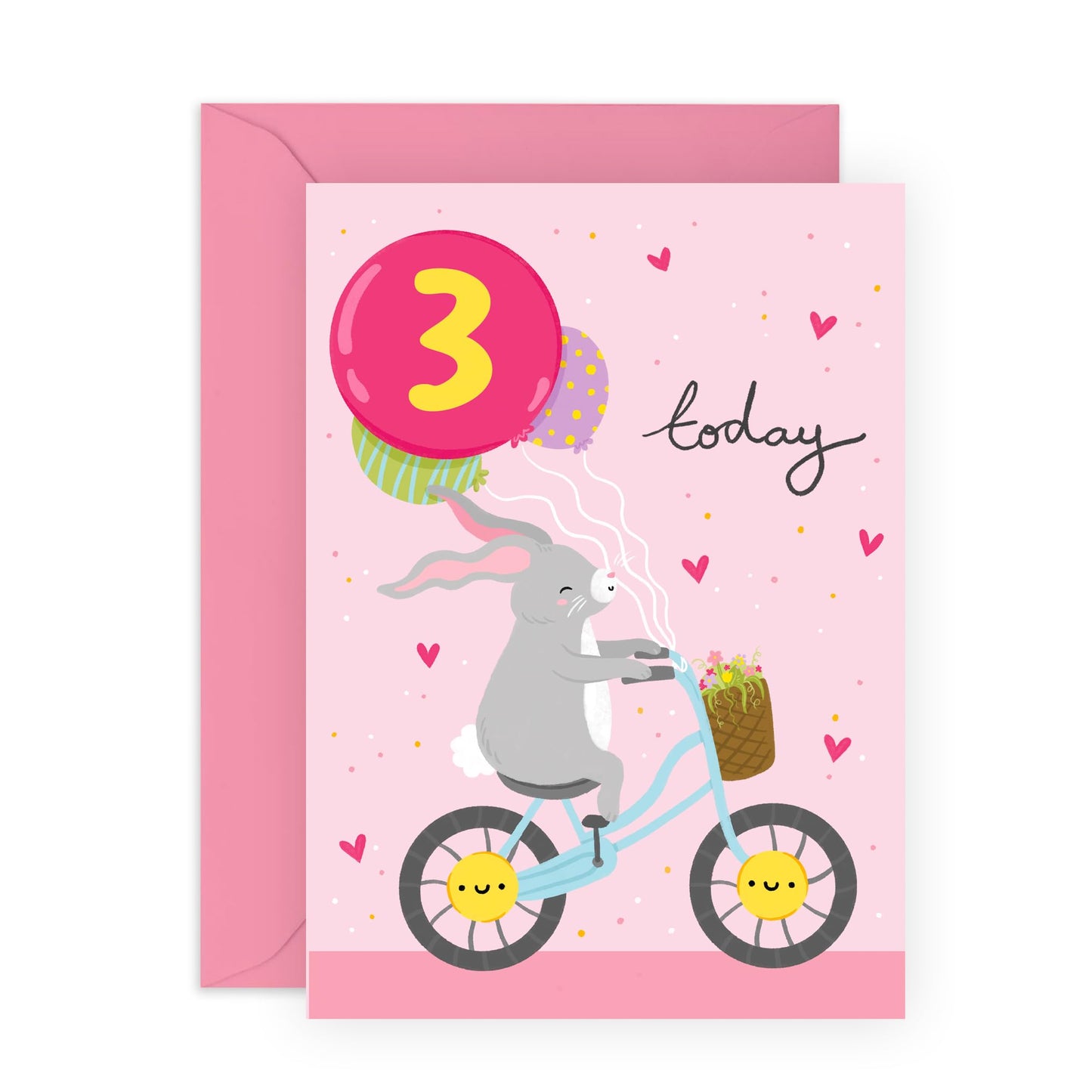 3rd Birthday Card For Girls Boys - Bunny On Bike Age 3 Birthday - Pink Hearts Bunny - Third Bday Gifts For Son Granddaughter - Gift From Mum Dad - From Uncle Auntie - Comes With Cute Stickers