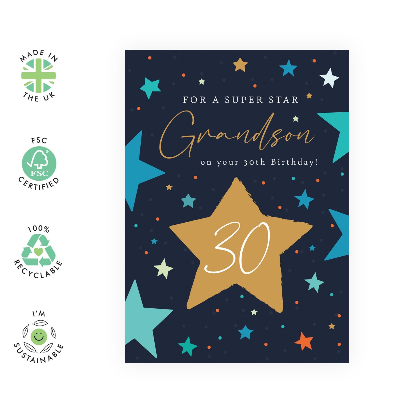 30th Birthday Card - 'Superstar Grandson 30th' - Gifts for Grandchild, Grandkid, Family, Men, Guys, Him from Grandad & Grandma - 30 Years & Stars - Comes with Fun Stickers