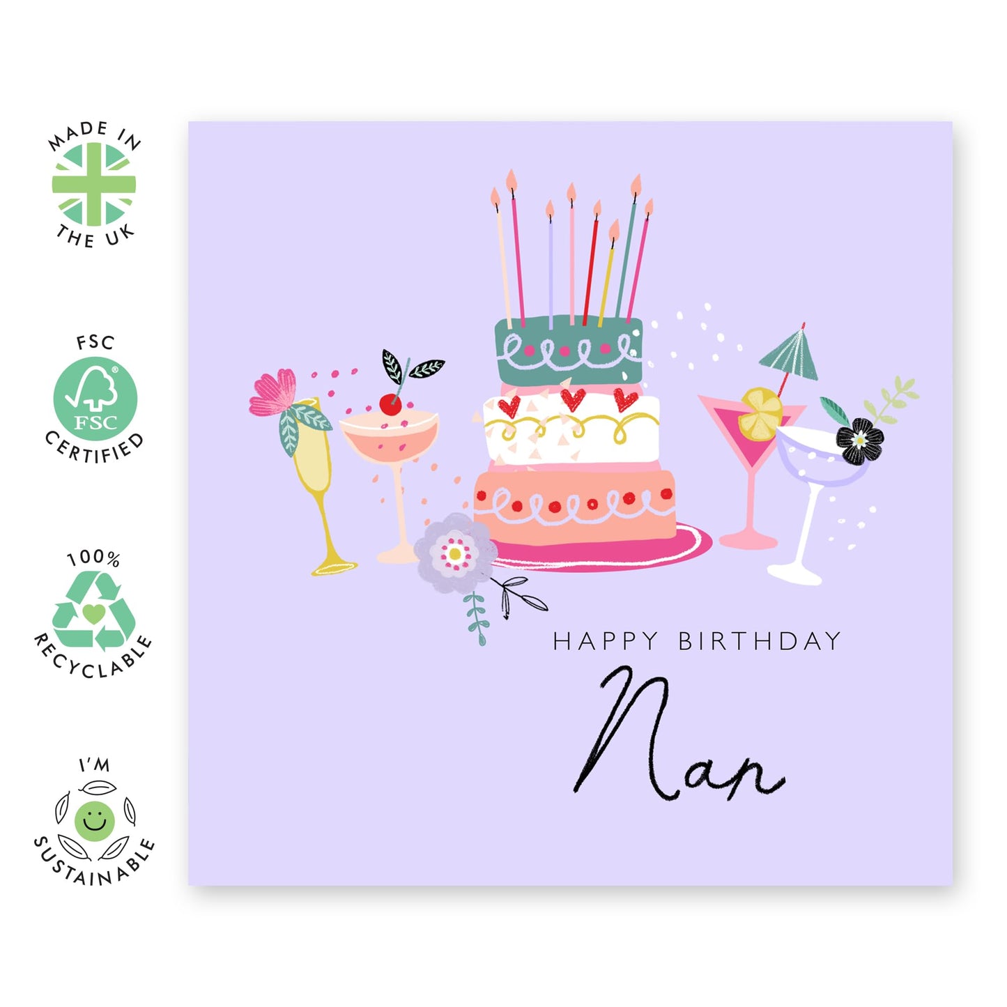 Happy Birthday Nan Card - Purple Nan Birthday Card For Women - Granny Greeting Cards - Cocktails Cakes Flowers - Nanny Gifts For Her - Comes With Stickers By Central 23