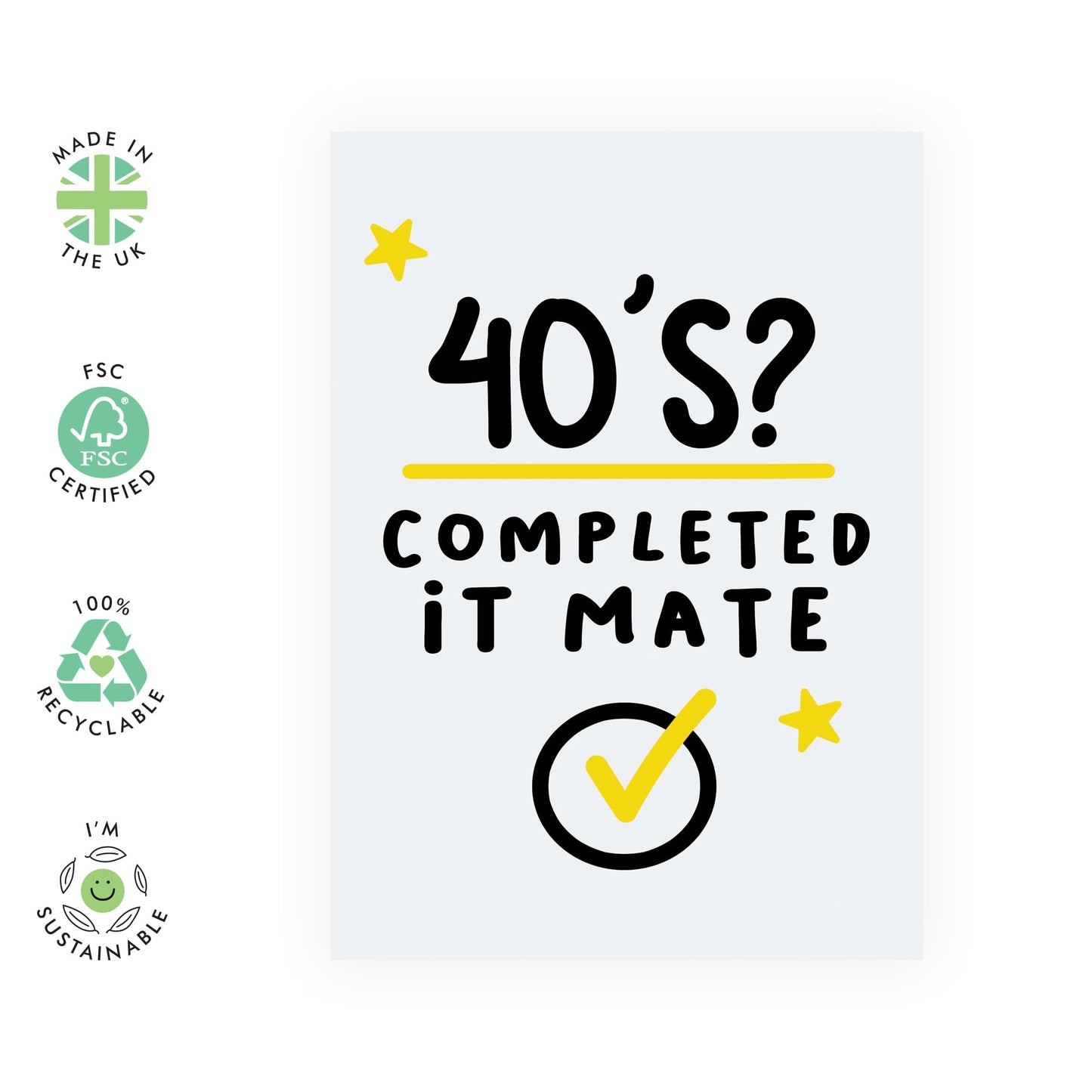 50th Birthday Card For Wife Husband - 40s Completed It Mate - Men Women - Brothe Sister - Happy Fortieth Birthday Greeting Card Male Female Friends - Comes With Fun Stickers - By Central 23