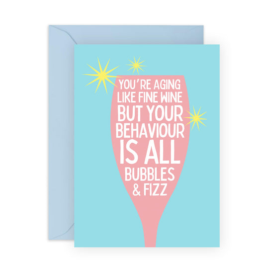 Hilarious Joke Birthday Card - 'Bubble and Fizz' - Gifts for Ladies, Girls, Besties, Best Friends, BFF, Co-workers, Colleagues, Her - Aging Wine- Comes with Fun Stickers