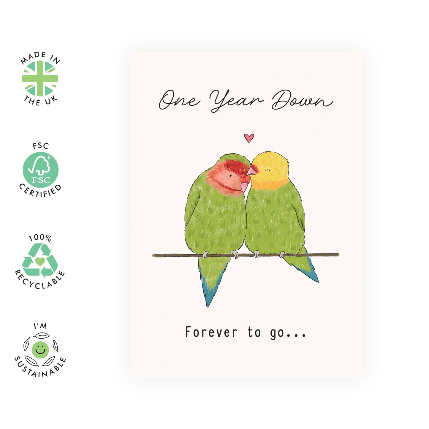 1st Anniversary Card for Couples – Romantic Greeting Card “One Year Down Love Birds” - Gifts for Wife, Husband, Spouse, Partner, Him, Her - First Year Together -Comes with Stickers