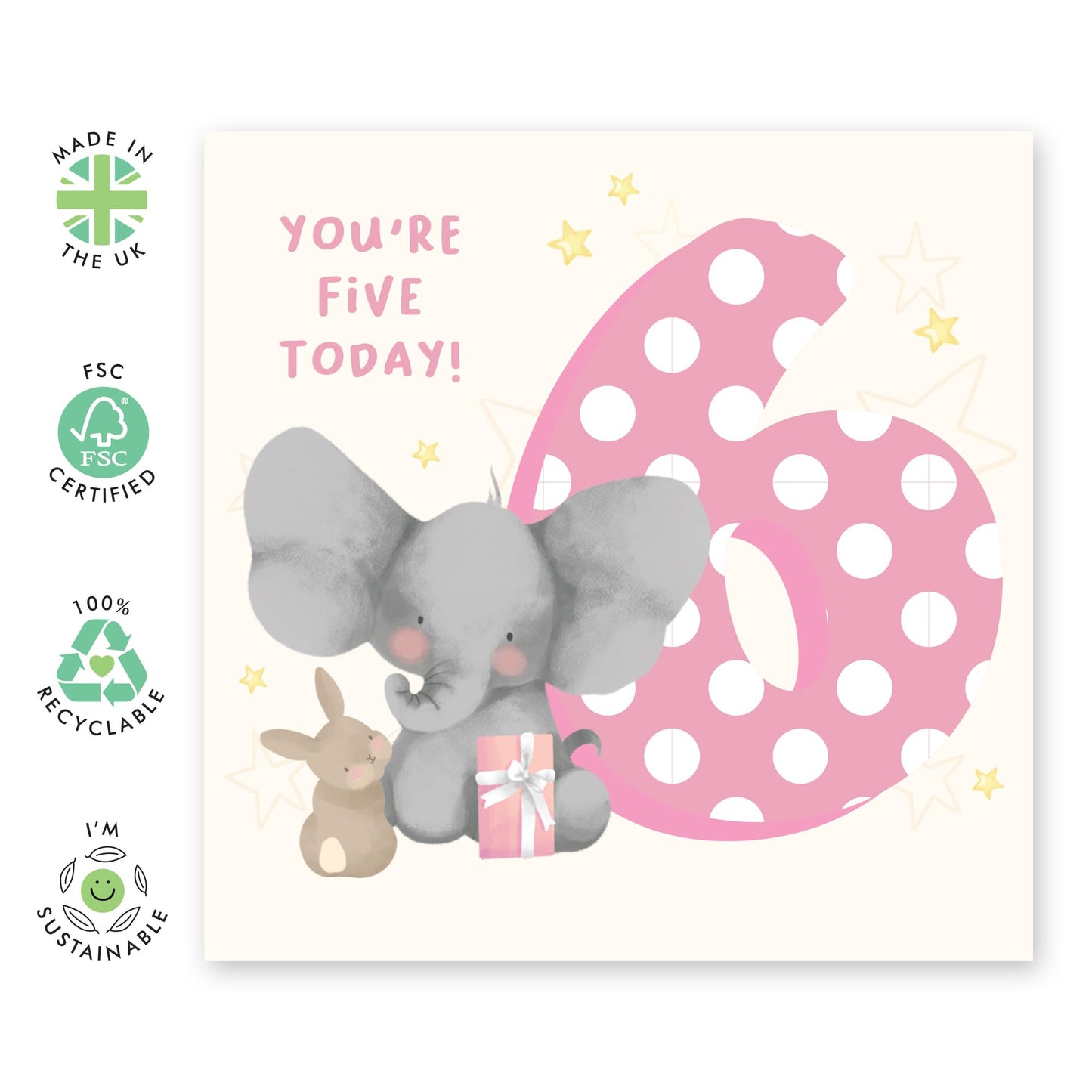 Fifth Birthday Card For Girls - Elephant Bunny Age 5 - Toddler Milestone Cards Age Five - Fifth Birthday Cards For Niece - Gifts For Daughter - From Mum Dad - Comes With Sticker By Central 23