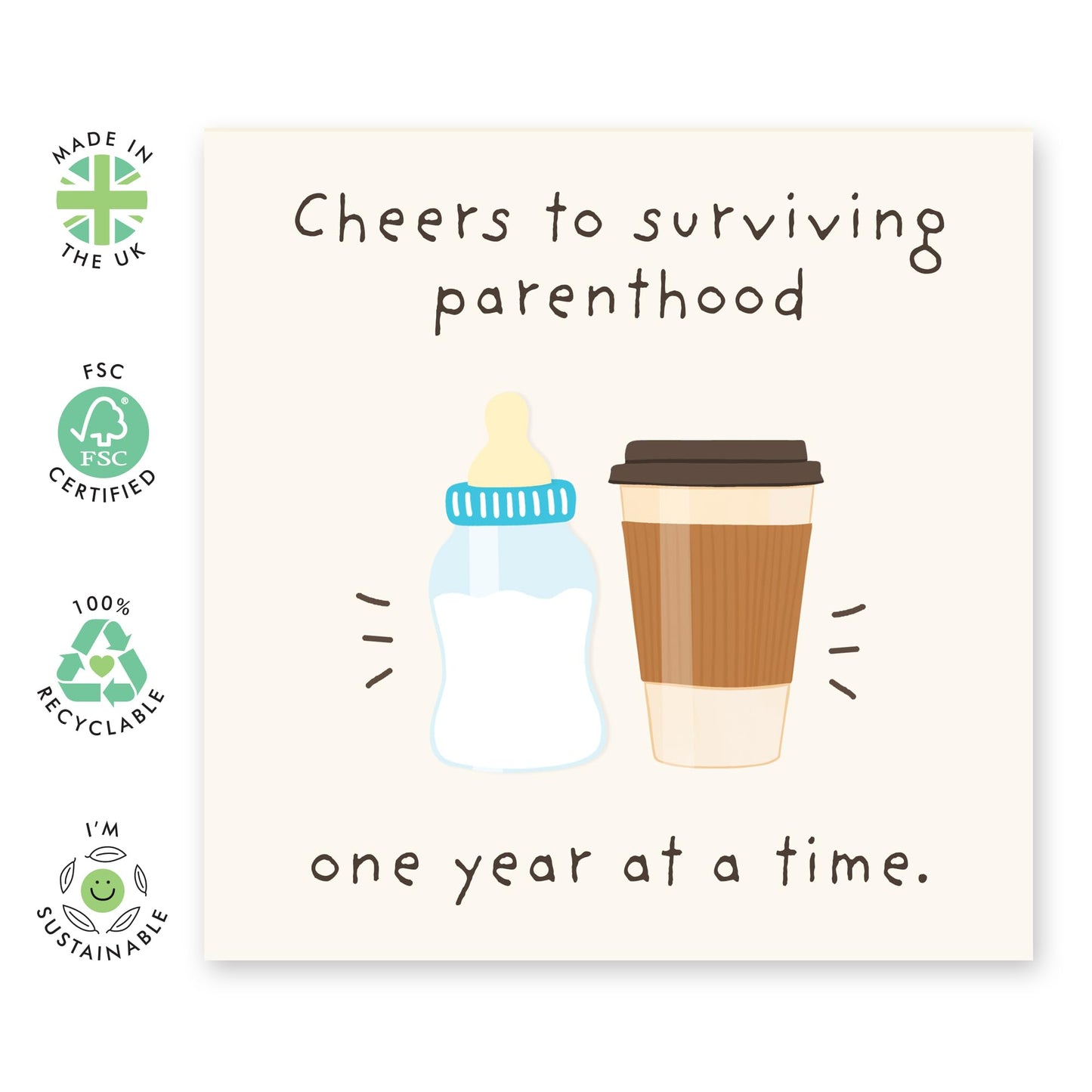 Funny Parenthood Greeting Card - "Cheers to Surviving Parenthood One Year at a Time" - Humorous Card for New Parents, Mum, Dad - Milestone Celebration Card with Blue Envelope
