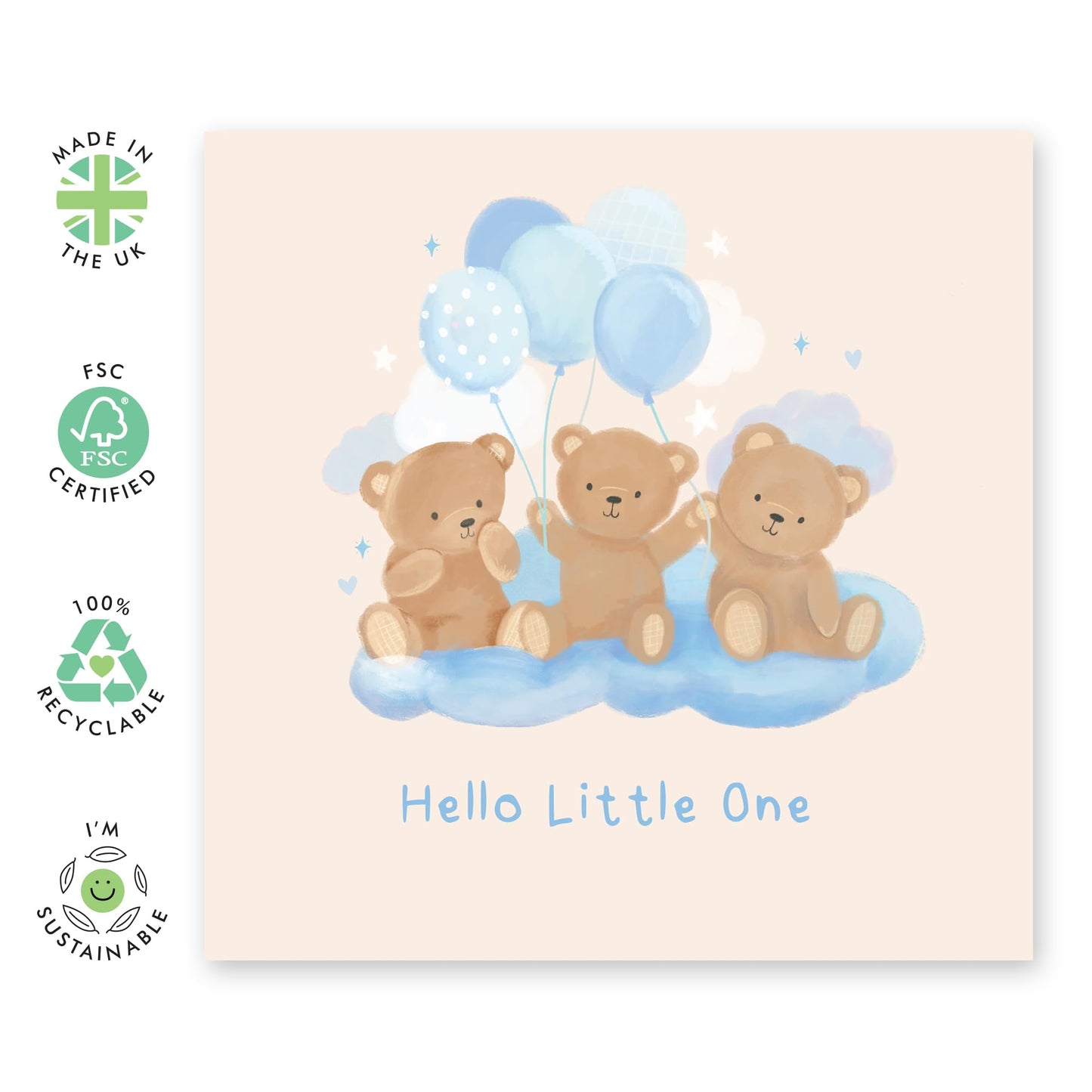 Congratulations Card - 'Hello Little One Teddy Boy' - Gifts for Babies and Parents - New Born Baby - Comes with Fun Stickers